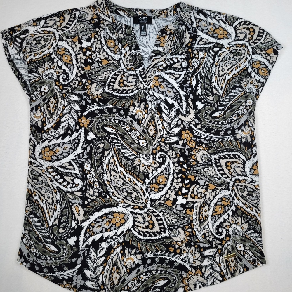 Jones New York Women's  Black Floral Paisley Short Sleeve Blouse Stretch, Size S